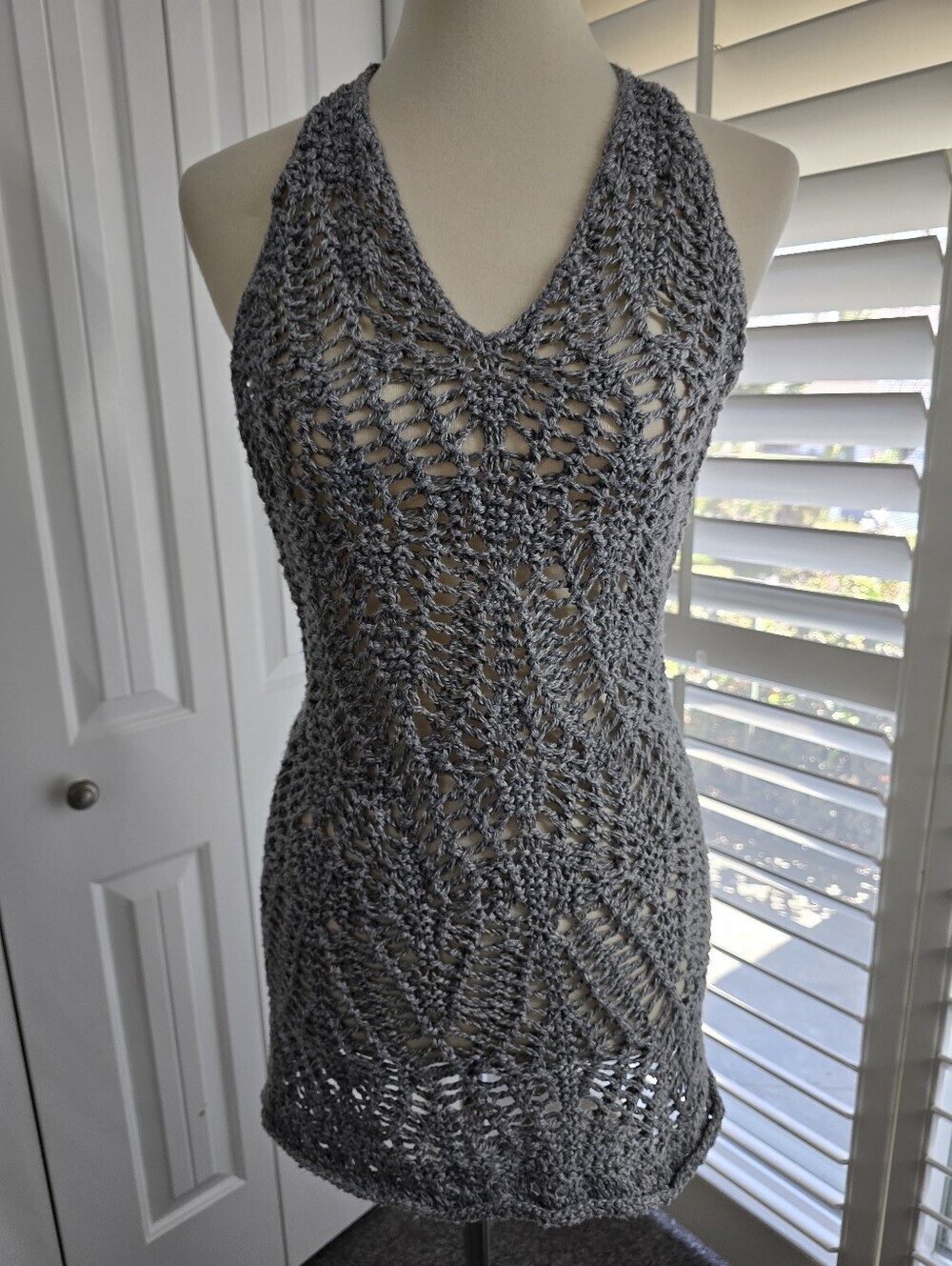 Abercrombie & Fitch Crochet V-Neck Halter With Beaded Ties, Gray Swim Cover-Up